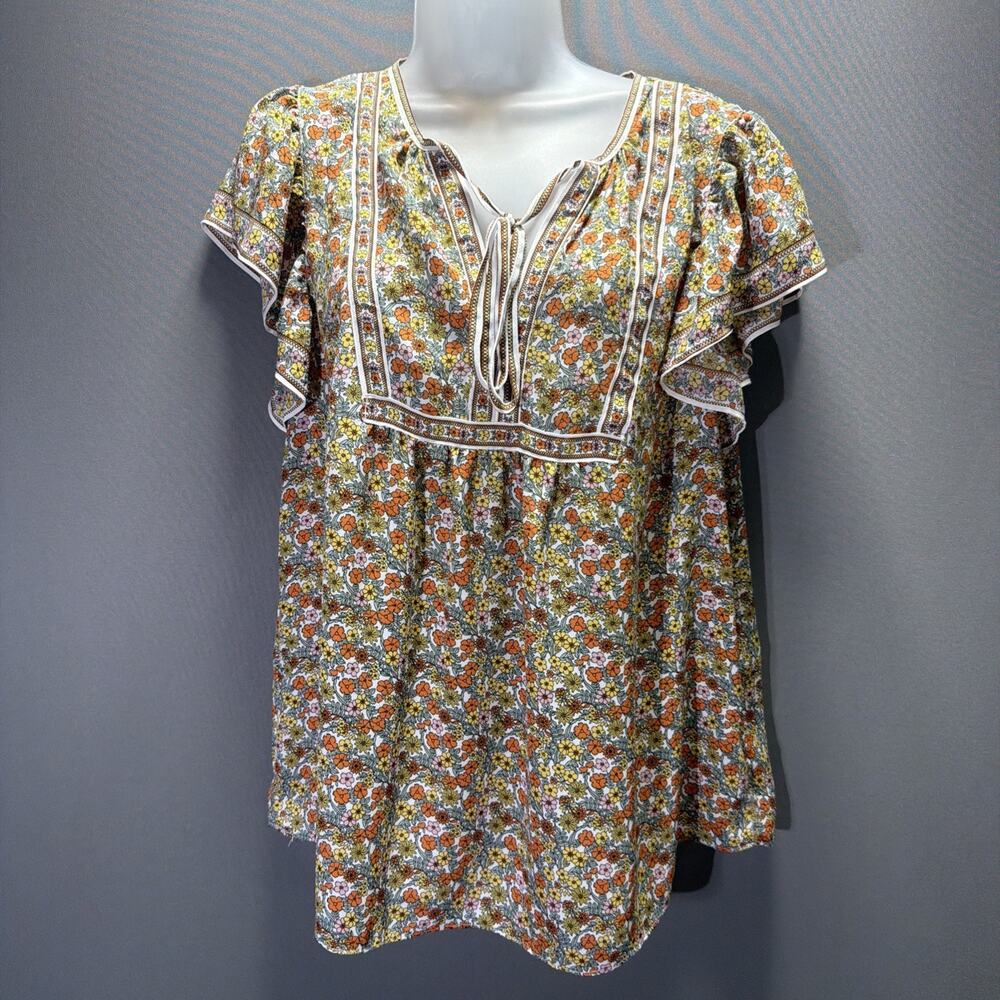 Max Studio Top Womens L Floral Boho Chic Ruffle Tie Neck Casual Career Shirt